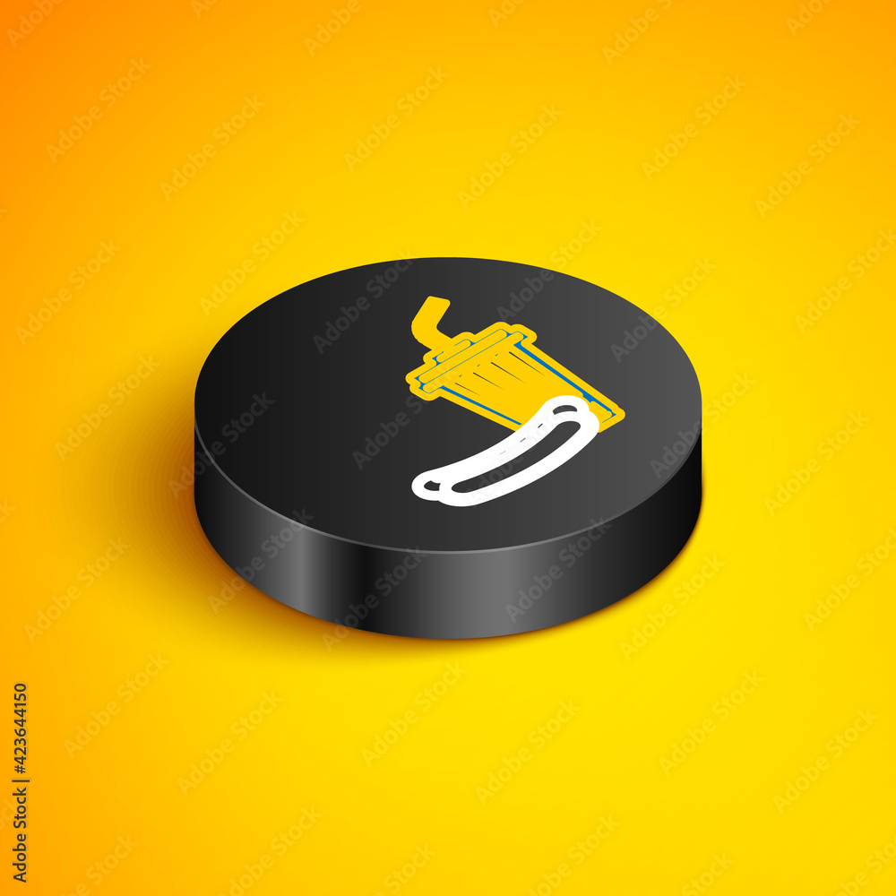 Isometric line Soda and hotdog icon isolated on yellow background. Fast food symbol. Black circle button. Vector Isometric line Soda and hotdog icon isolated on yellow background. Fast food symbol. Black circle button. Vector