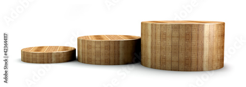 Wooden podium in cylinder shape for winner and product display. 3d illustration.