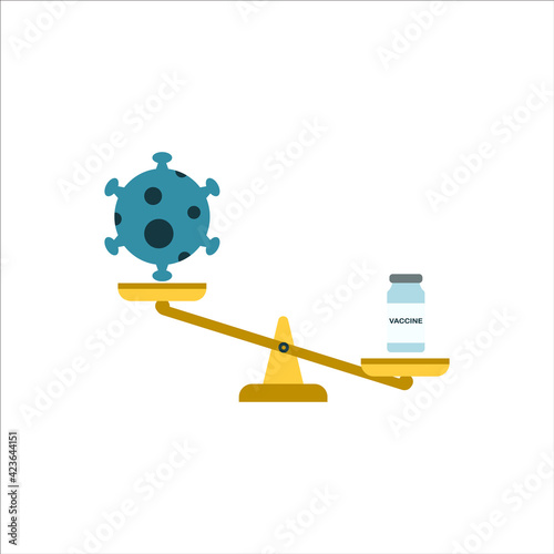Virus and vaccine vial on a scale. Anti vaccination. Stop vaccine. Negative space. Dilemma, controversy, pros and cons concept. Vector isolated illustration
