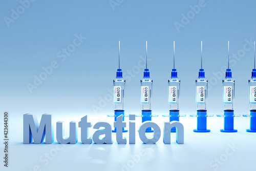 row of covid 19 sarsCov syringes with vaccine against pandemic; conceptual mutation; 3D Illustration photo