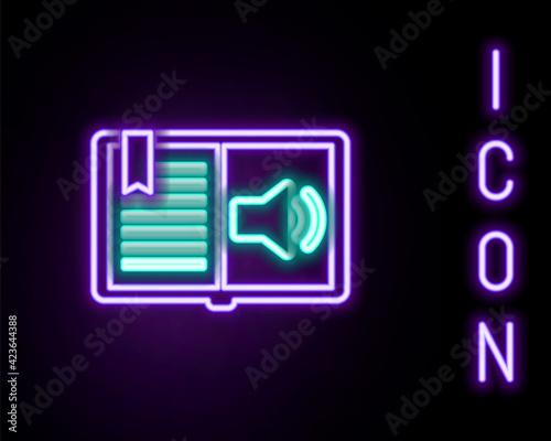 Glowing neon line Audio book icon isolated on black background. Audio guide sign. Online learning concept. Colorful outline concept. Vector
