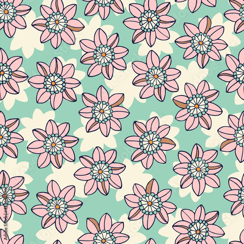 Colorful Mid Scale Hand-Drawn Floral Vector Seamless Pattern. Retro 70s Style Nostalgic Fashion Textile Bold Background. Summer Resort Print. Ditsy Daisies. Flower Power