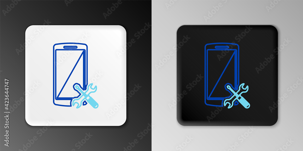 Line Smartphone with screwdriver and wrench icon isolated on grey background. Adjusting, service, setting, maintenance, repair, fixing. Colorful outline concept. Vector