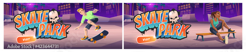 Skate park cartoon landing page with teenager