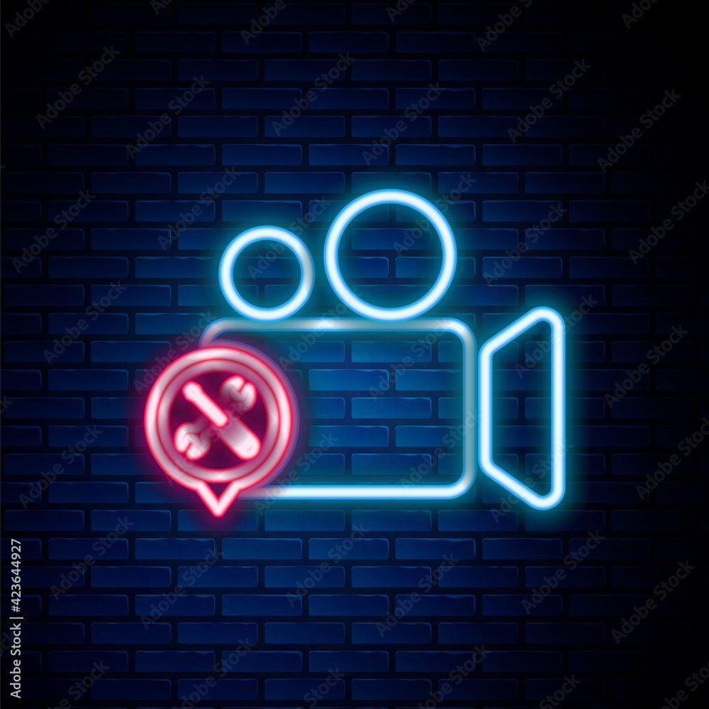 Glowing neon line Video camera with screwdriver and wrench icon isolated on brick wall background. Adjusting, service, setting, maintenance, repair, fixing. Colorful outline concept. Vector Glowing neon line Video camera with screwdriver and wrench icon isolated on brick wall background. Adjusting, service, setting, maintenance, repair, fixing. Colorful outline concept. Vector