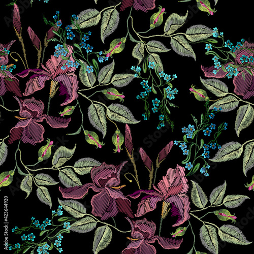Purple irises flowers and meadow herbs seamless pattern. Spring garden art. Fashion template for design of clothes and t-shirt design