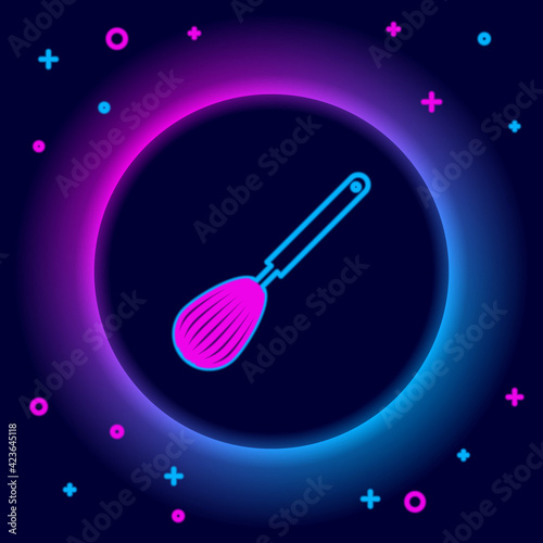 Glowing neon line Kitchen whisk icon isolated on black background. Cooking utensil, egg beater. Cutlery sign. Food mix symbol. Colorful outline concept. Vector