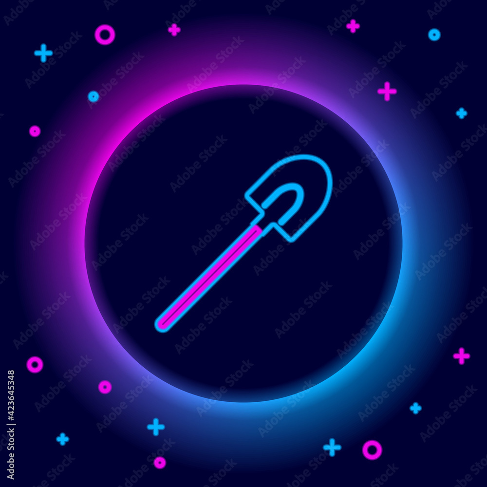 Glowing neon line Garden shovel icon isolated on black background. Gardening tool. Tool for horticulture, agriculture, farming. Colorful outline concept. Vector Glowing neon line Garden shovel icon isolated on black background. Gardening tool. Tool for horticulture, agriculture, farming. Colorful outline concept. Vector