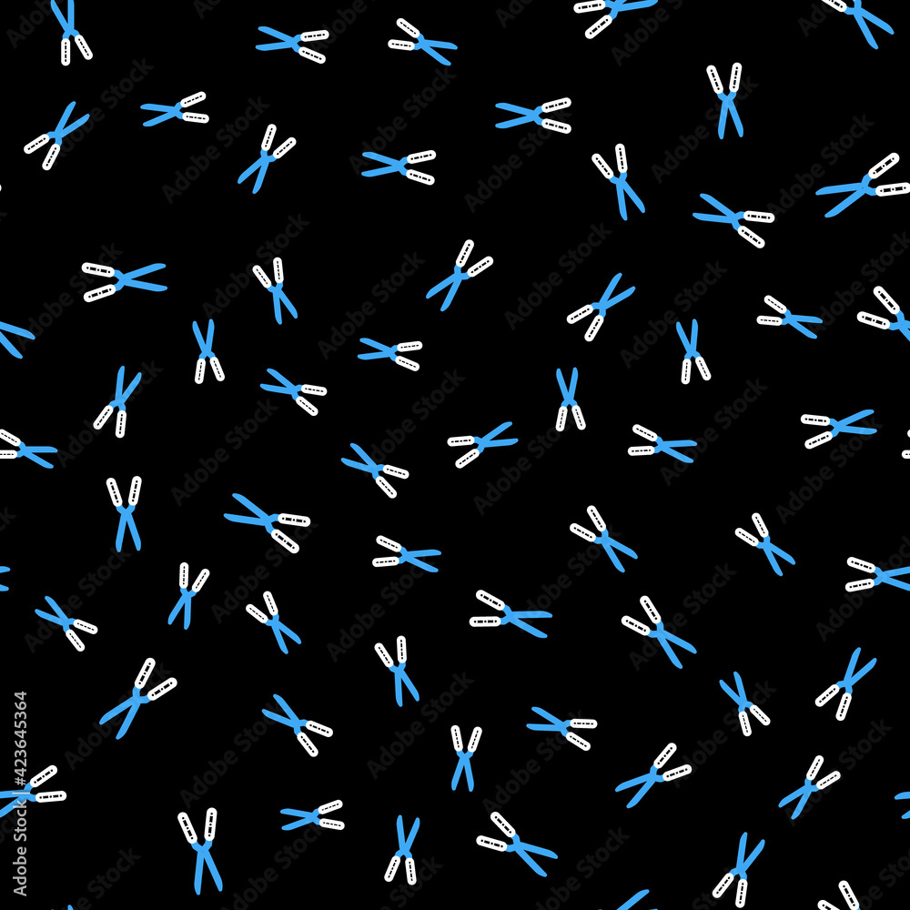 Line Gardening handmade scissors for trimming icon isolated seamless pattern on black background. Pruning shears with wooden handles. Vector