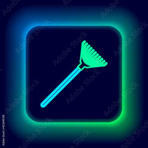 Glowing neon line Garden rake for leaves icon isolated on black background. Tool for horticulture, agriculture, farming. Ground cultivator. Colorful outline concept. Vector
