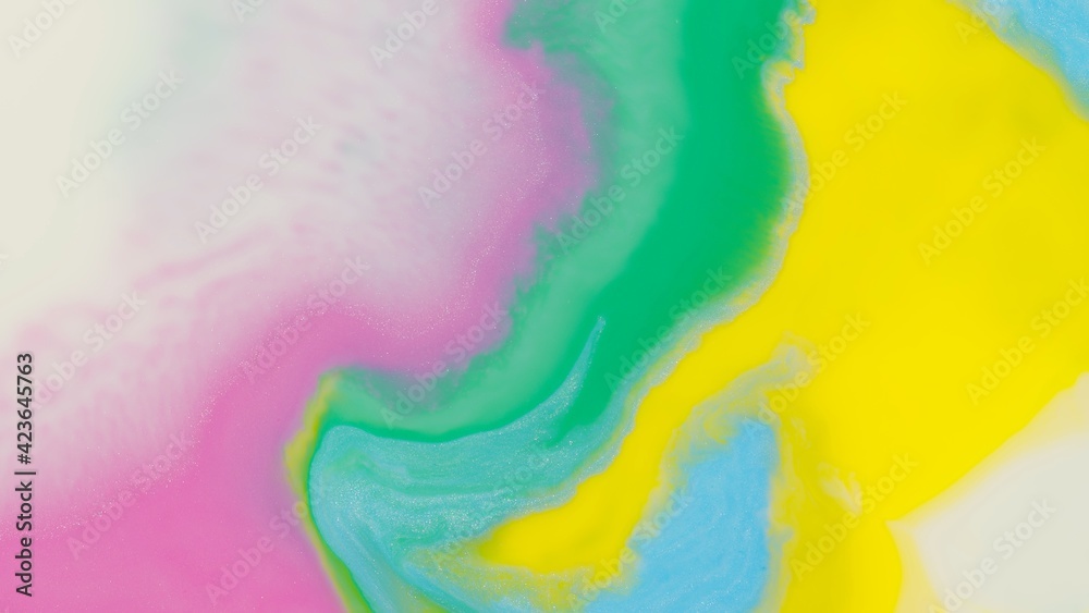 Combination of paint and ink in milk, oil and soap. Fantastic structure of abstract colorful painting. Chaotic motion in liquid. Water surface multicolored background. Macro top view. Pattern, design