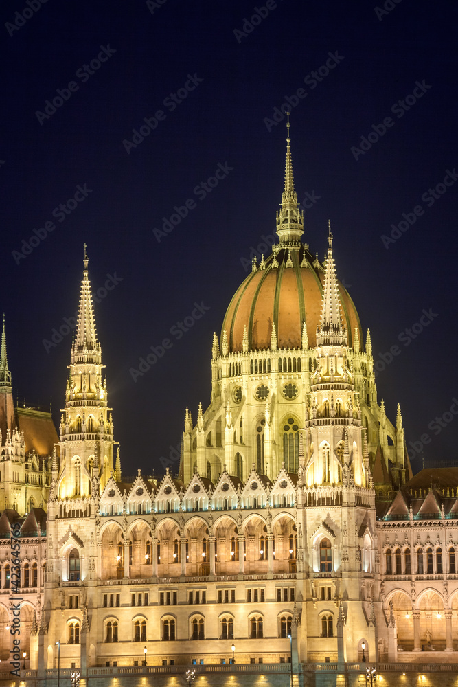 Hungarian Parliament building illuminated at twilight