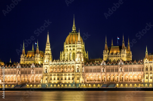 Hungarian parliament building illuminated at twilight