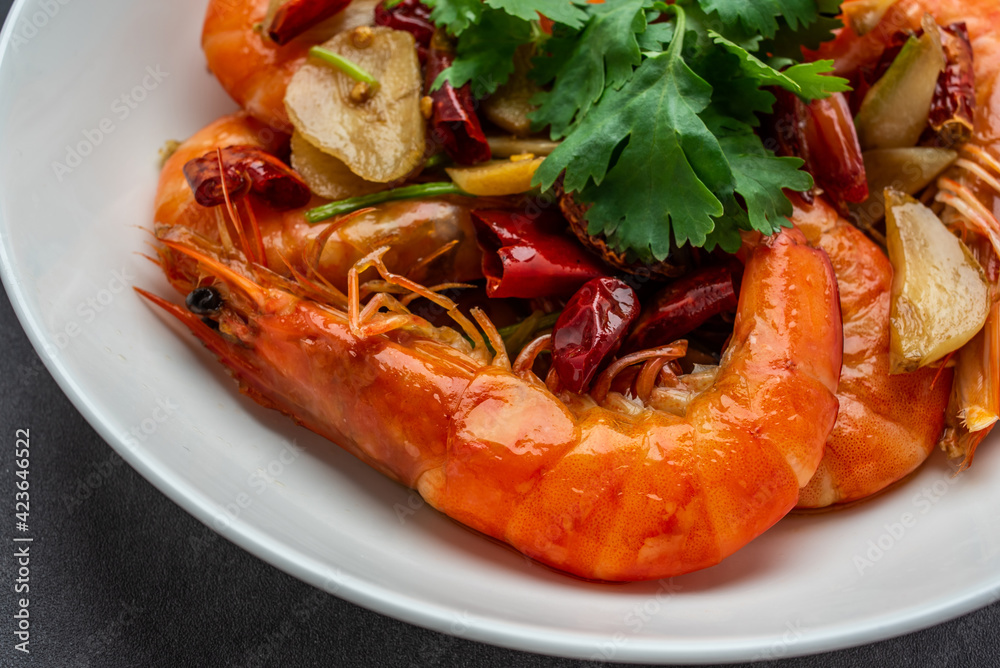 A dish of Chinese home cooking spicy shrimp