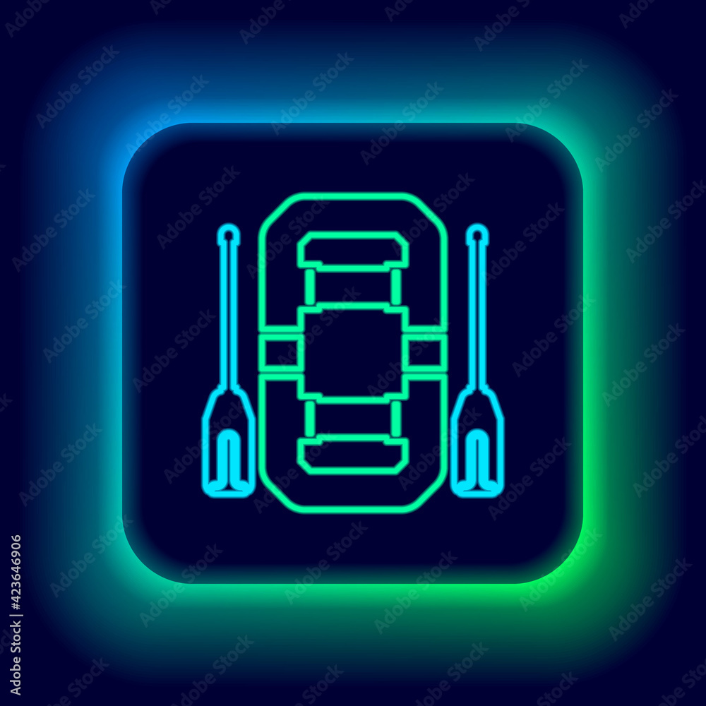 Glowing neon line Rafting boat icon isolated on black background. Inflatable boat with oars. Water sports, extreme sports, holiday, vacation, team building. Colorful outline concept. Vector Glowing neon line Rafting boat icon isolated on black background. Inflatable boat with oars. Water sports, extreme sports, holiday, vacation, team building. Colorful outline concept. Vector
