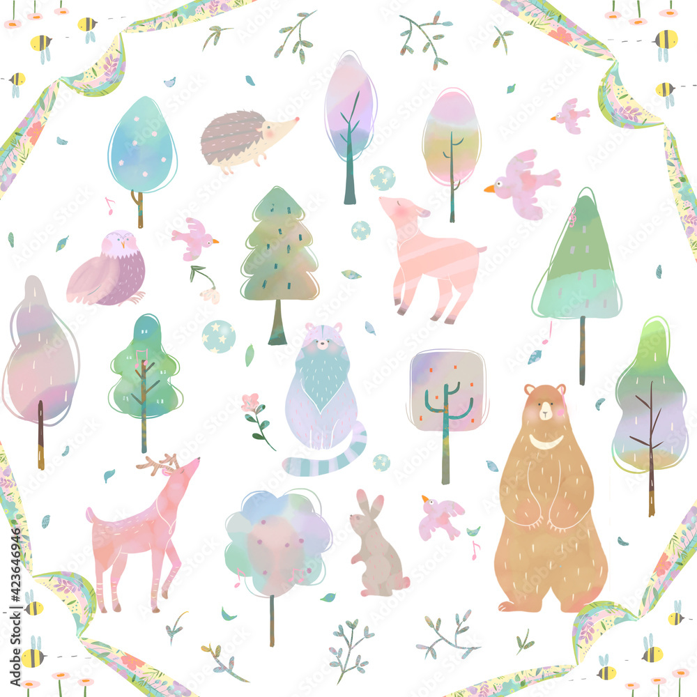 北欧の木のテクスチャと動物のかわいい白バックイラスト素材 Stock Illustration Adobe Stock