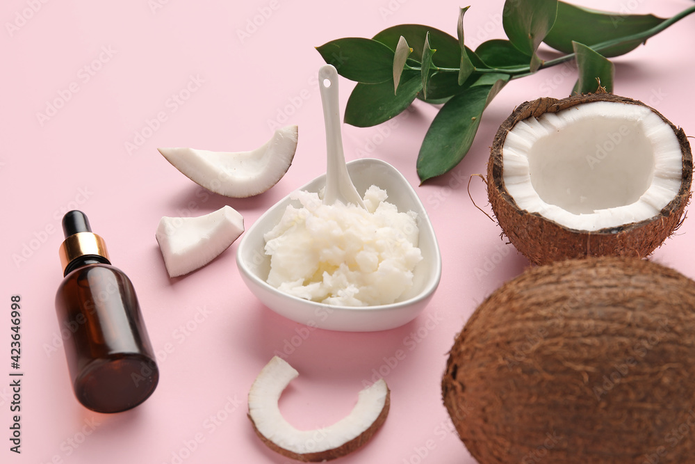 Composition with coconut oil on color background Composition with coconut oil on color background