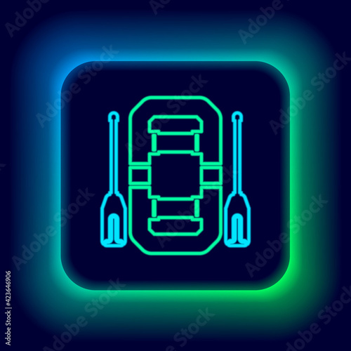 Glowing neon line Rafting boat icon isolated on black background. Inflatable boat with oars. Water sports, extreme sports, holiday, vacation, team building. Colorful outline concept. Vector