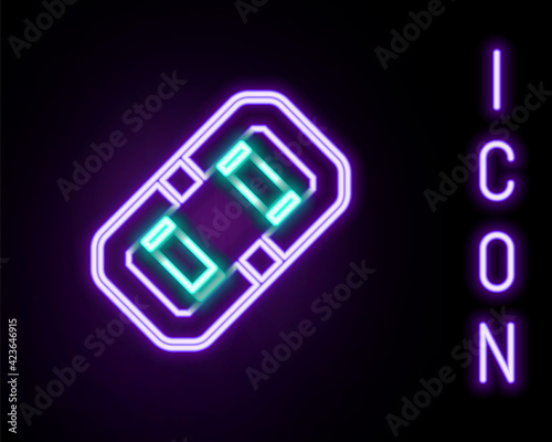 Glowing neon line Rafting boat icon isolated on black background. Inflatable boat. Water sports, extreme sports, holiday, vacation, team building. Colorful outline concept. Vector