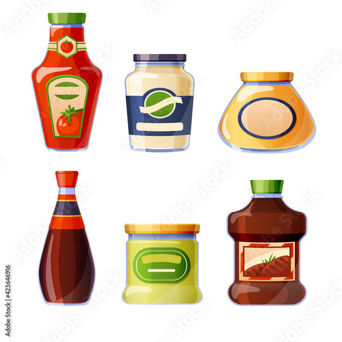 Sauces and dressings in glass bottles