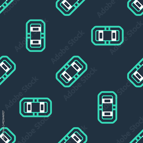 Line Rafting boat icon isolated seamless pattern on black background. Inflatable boat. Water sports, extreme sports, holiday, vacation, team building. Vector