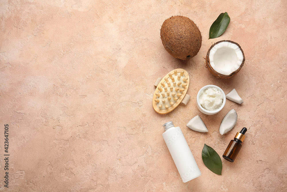Spa composition with coconut oil on color background - obrazy, fototapety, plakaty 