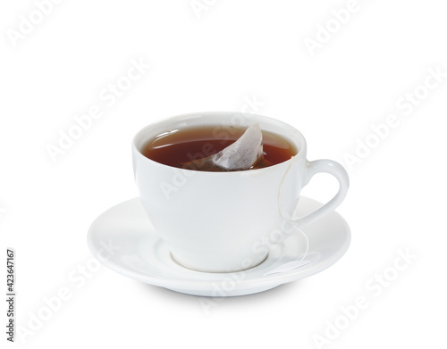 Cup of hot aromatic black tea on white background