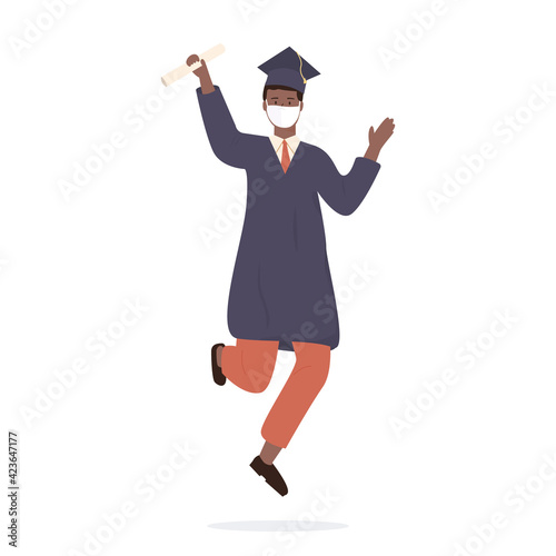 Vector Black skin male graduate student raised arms up, demonstrate degree certificate or diploma. African academic man in gown and cap wearing medical face mask during pandemic isolated on white.