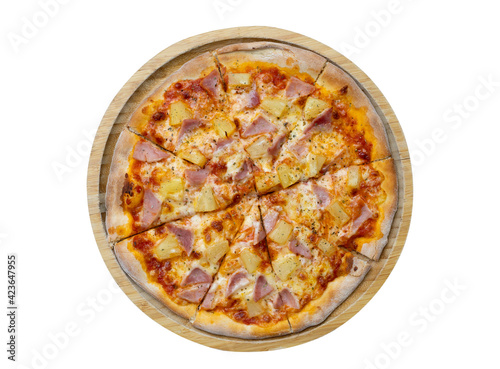 top view of sliced Hawaiian pizza on plate isolated on white background