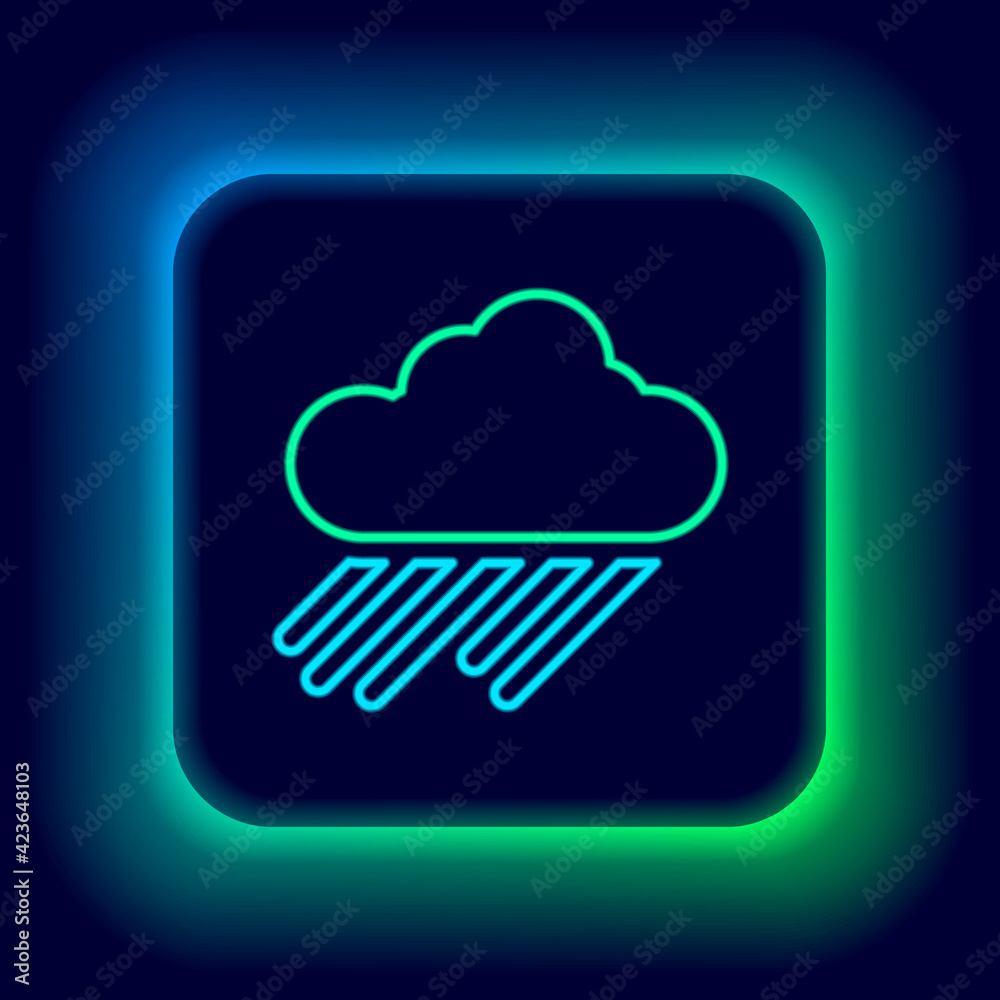 Glowing neon line Cloud with rain icon isolated on black background. Rain cloud precipitation with rain drops. Colorful outline concept. Vector