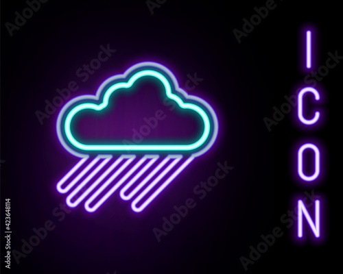 Glowing neon line Cloud with rain icon isolated on black background. Rain cloud precipitation with rain drops. Colorful outline concept. Vector