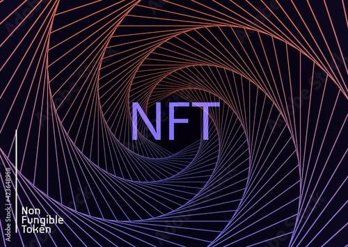 NFT non-fungible token concept of spiral movement lines abstract background. Vector dark web banner with twist hexagon gradient backdrop and non fungible token sign. Modern crypto art concept.