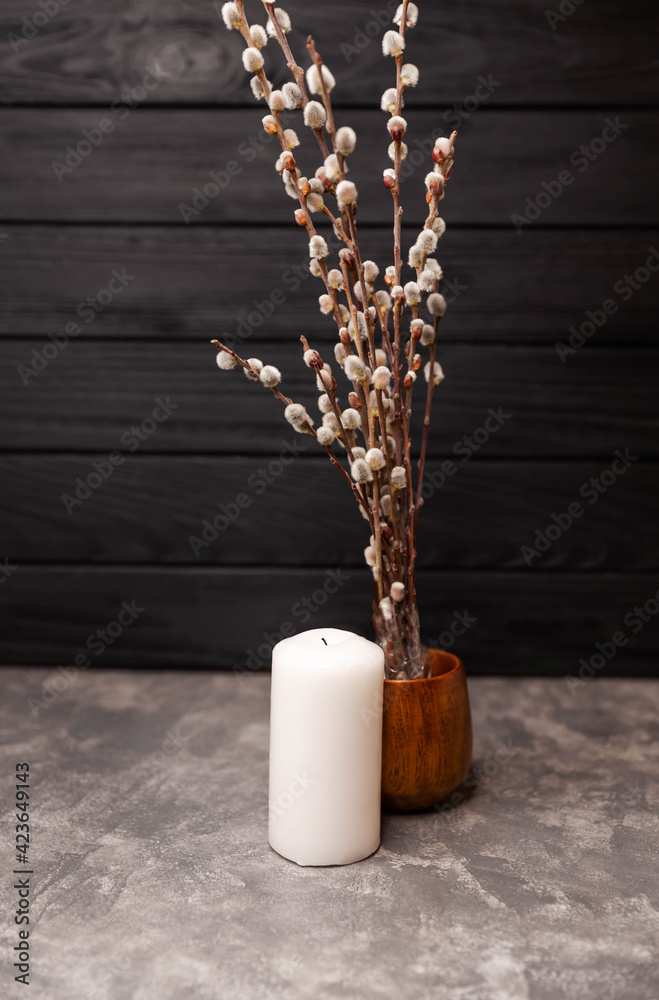 Fresh fluffy willow twigs in vase. Beautiful home decor in spring, copy space. Vase with willow branches on dark background. Natural rustic morning. Classic still life of low-key lighting, minimal art