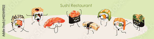 Sushi restaurant banner template, cartoon vector illustration.