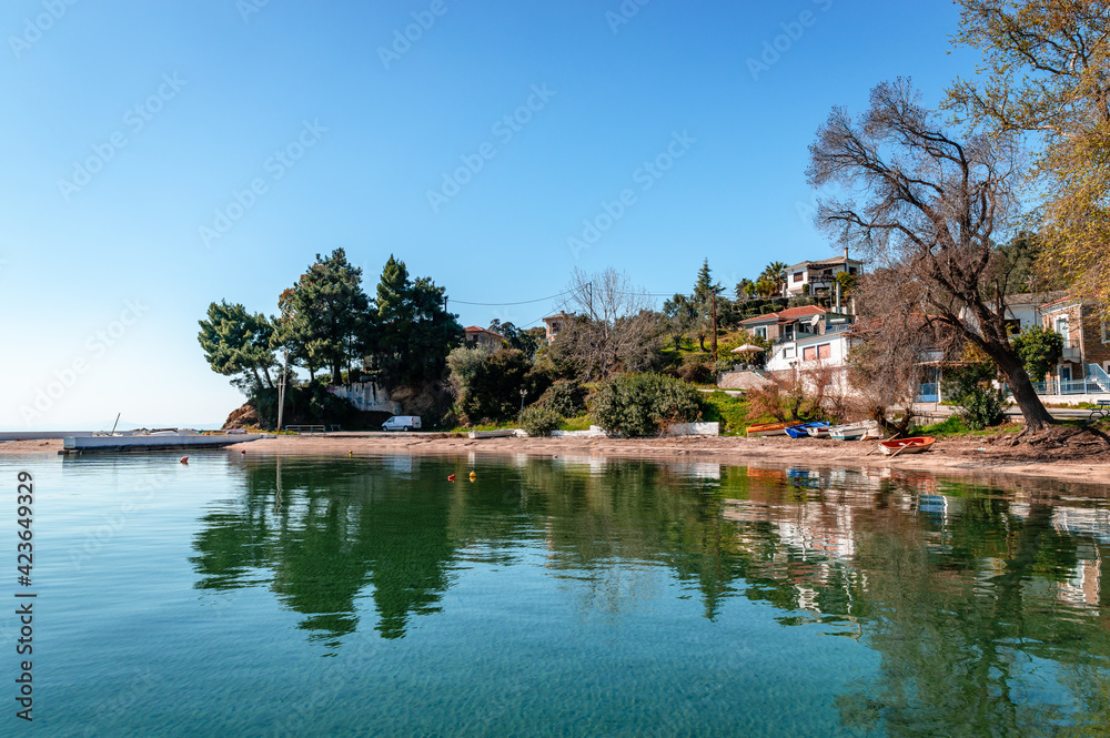 View of Afissos, a traditional village built amphitheatrically on the slopes of Mount Pelion, with view to the Pagasetic gulf. In Thessaly, Greece.