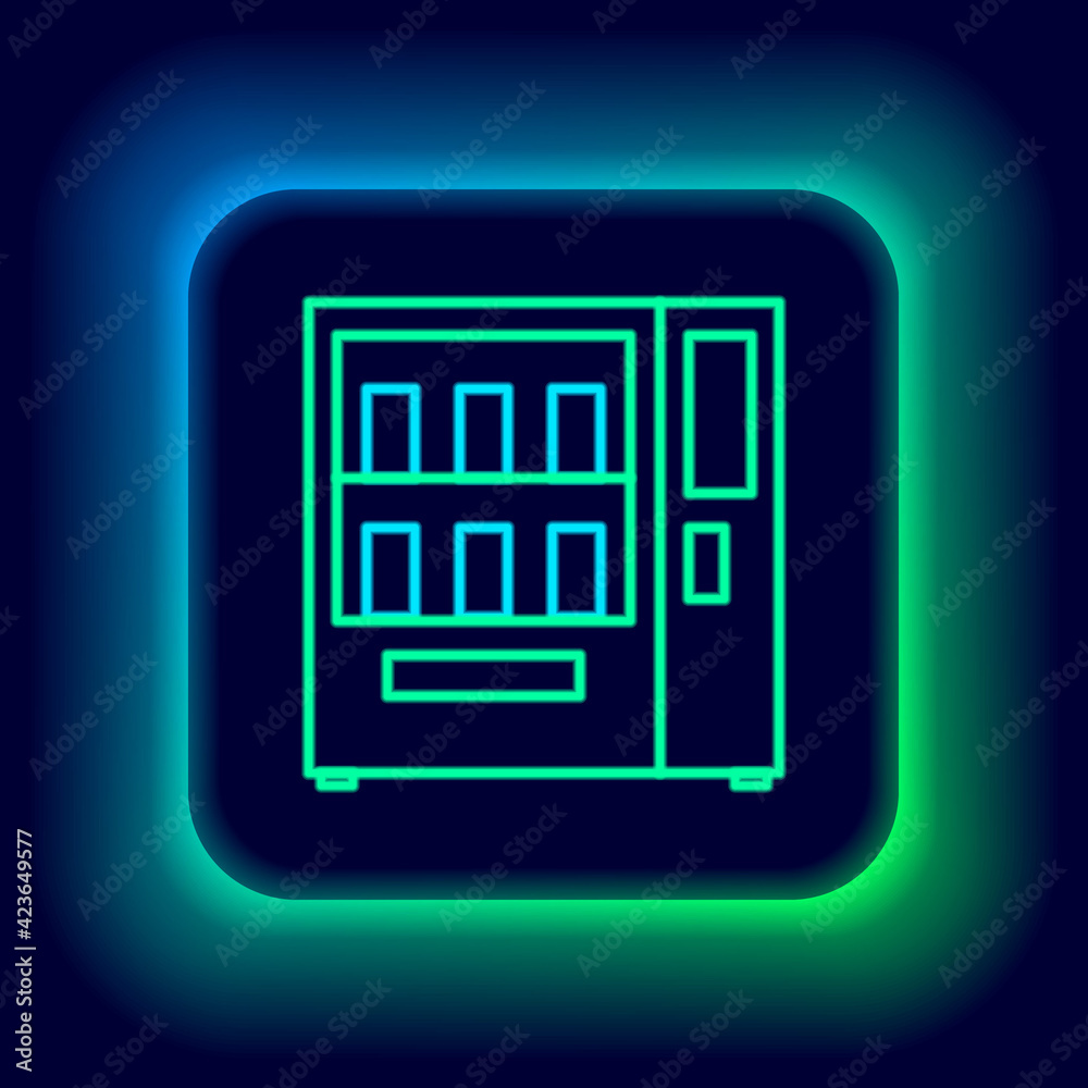 Glowing neon line Vending machine of food and beverage automatic selling icon isolated on black background. Colorful outline concept. Vector Glowing neon line Vending machine of food and beverage automatic selling icon isolated on black background. Colorful outline concept. Vector
