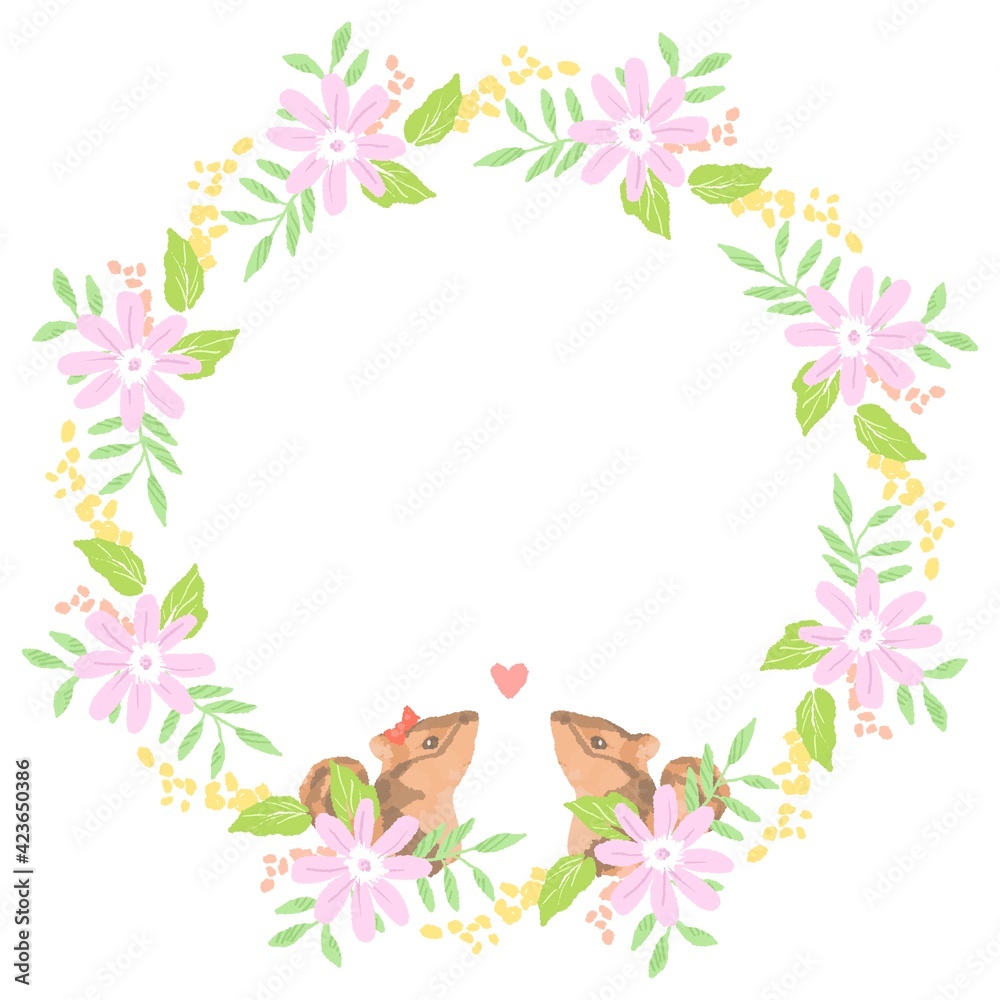 優しいタッチのカップルのリスとミモザリースイラスト Stock Illustration Adobe Stock