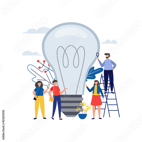 Group of people look at an electric light bulb a vector illustration