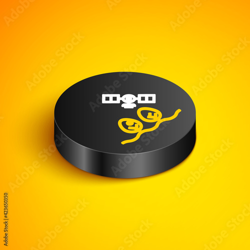 Isometric line Smart farm with drone control and tree icon isolated on yellow background. Innovation technology for agricultural company. Black circle button. Vector
