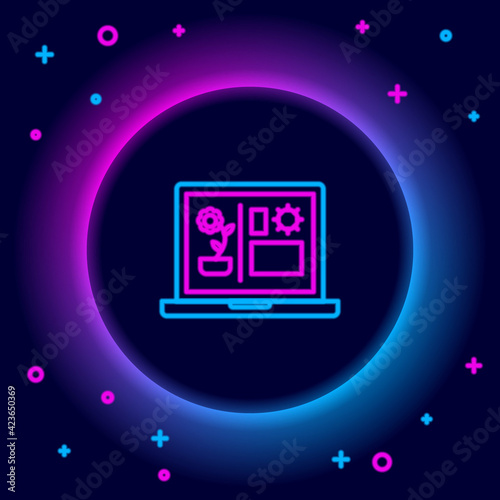 Glowing neon line Smart farming technology - farm automation system icon isolated on black background. Colorful outline concept. Vector