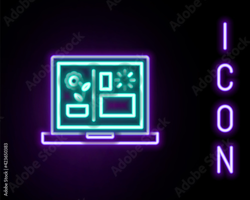 Glowing neon line Smart farming technology - farm automation system icon isolated on black background. Colorful outline concept. Vector