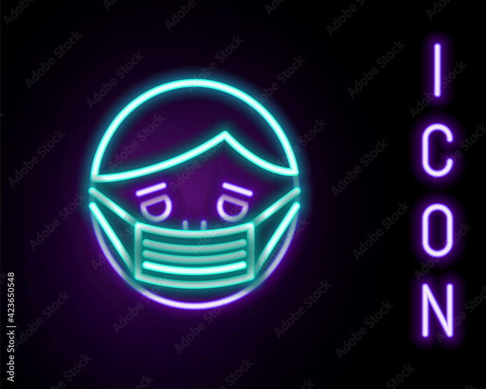 Glowing neon line Man face in a medical protective mask icon isolated on black background. Quarantine. Colorful outline concept. Vector Glowing neon line Man face in a medical protective mask icon isolated on black background. Quarantine. Colorful outline concept. Vector