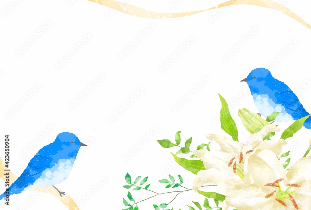 優しいタッチの幸せを運ぶ青い鳥のカップルとカサブランカのイラスト Stock Illustration Adobe Stock