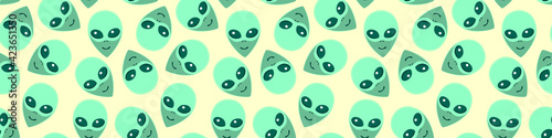 Seamless pattern with Aliens green heads. UFO, Humanoids endless backdrop isolated. Smiling visitors, Martians. Vector illustration, wallpaper on theme of space, conspiracy theory, Sci-fi, fantastic
