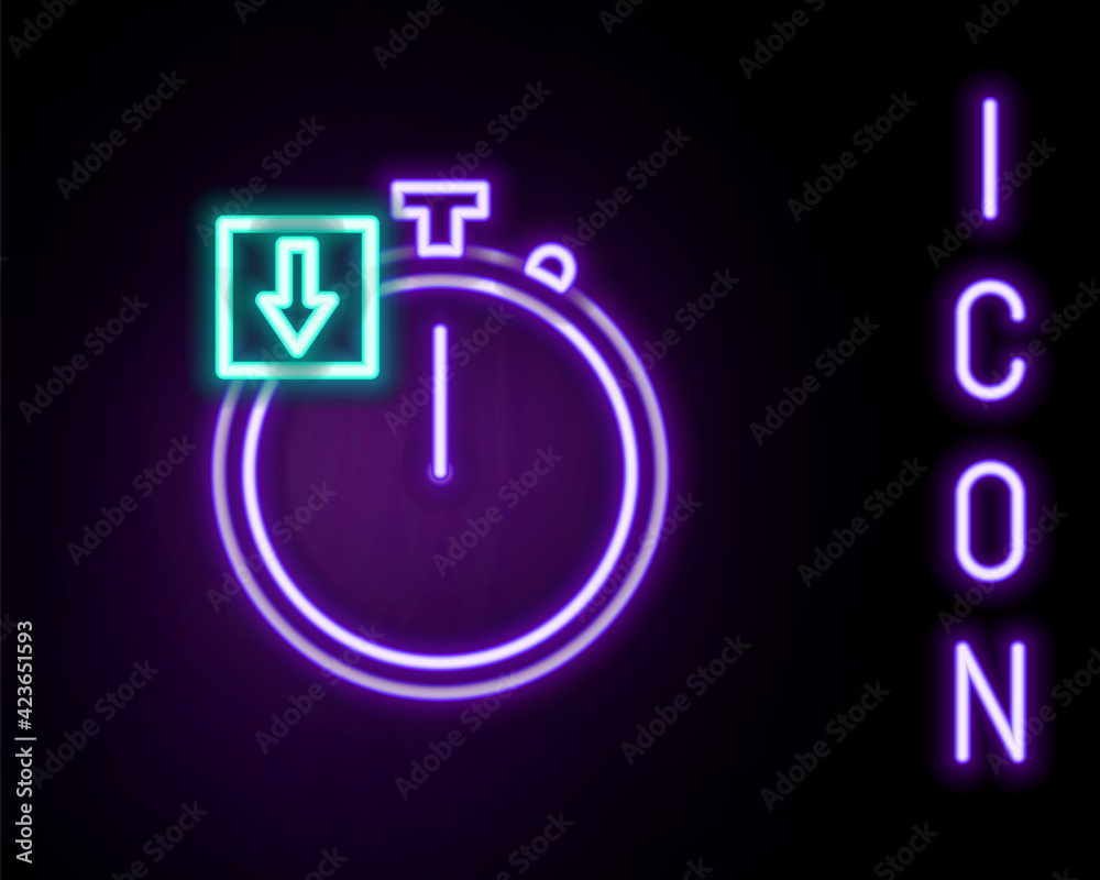 Glowing neon line Stopwatch icon isolated on black background. Time timer sign. Chronometer. Colorful outline concept. Vector Glowing neon line Stopwatch icon isolated on black background. Time timer sign. Chronometer. Colorful outline concept. Vector
