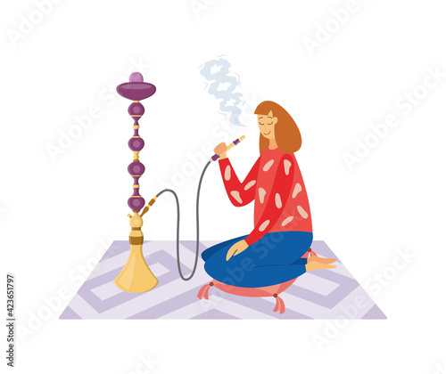 Woman smoking hookah sitting on the floor, flat vector illustration isolated.