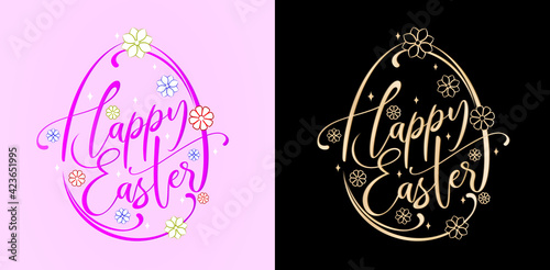 Happy Easter lettering fonts with two variation colors purple and golds isolated backgrounds, Easter egg illustration with floral and swirls pattern, for greeting cards, invitation and banners