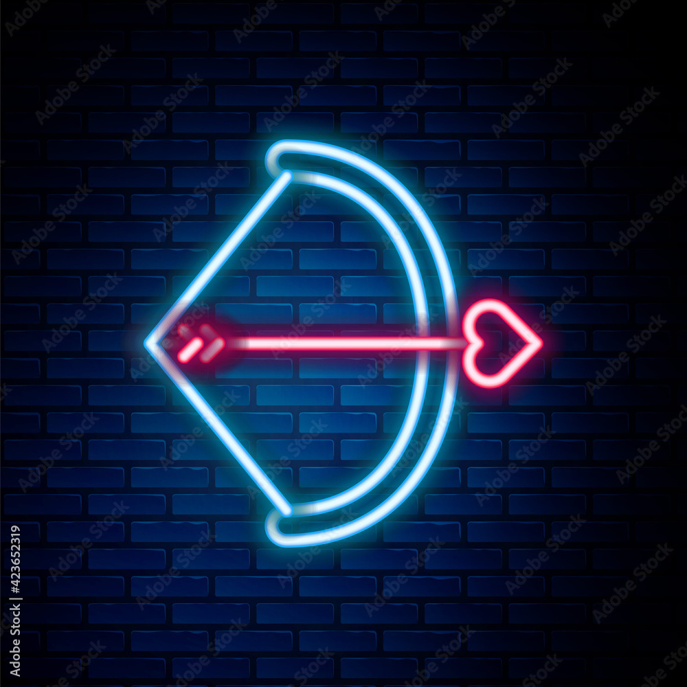 Glowing neon line Bow and arrow icon isolated on brick wall background. Cupid symbol. Love sign. Valentines day concept. Colorful outline concept. Vector Glowing neon line Bow and arrow icon isolated on brick wall background. Cupid symbol. Love sign. Valentines day concept. Colorful outline concept. Vector