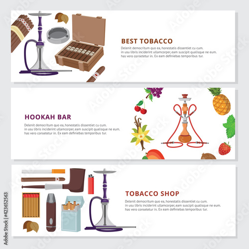 Hookah bar and tobacco shop banners or flyers set flat vector illustration.