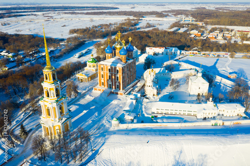 Aerial view of the Assumption Cathedral and the Kremlin in Ryazan with residential buildings in the distance in ..winter  Russia..